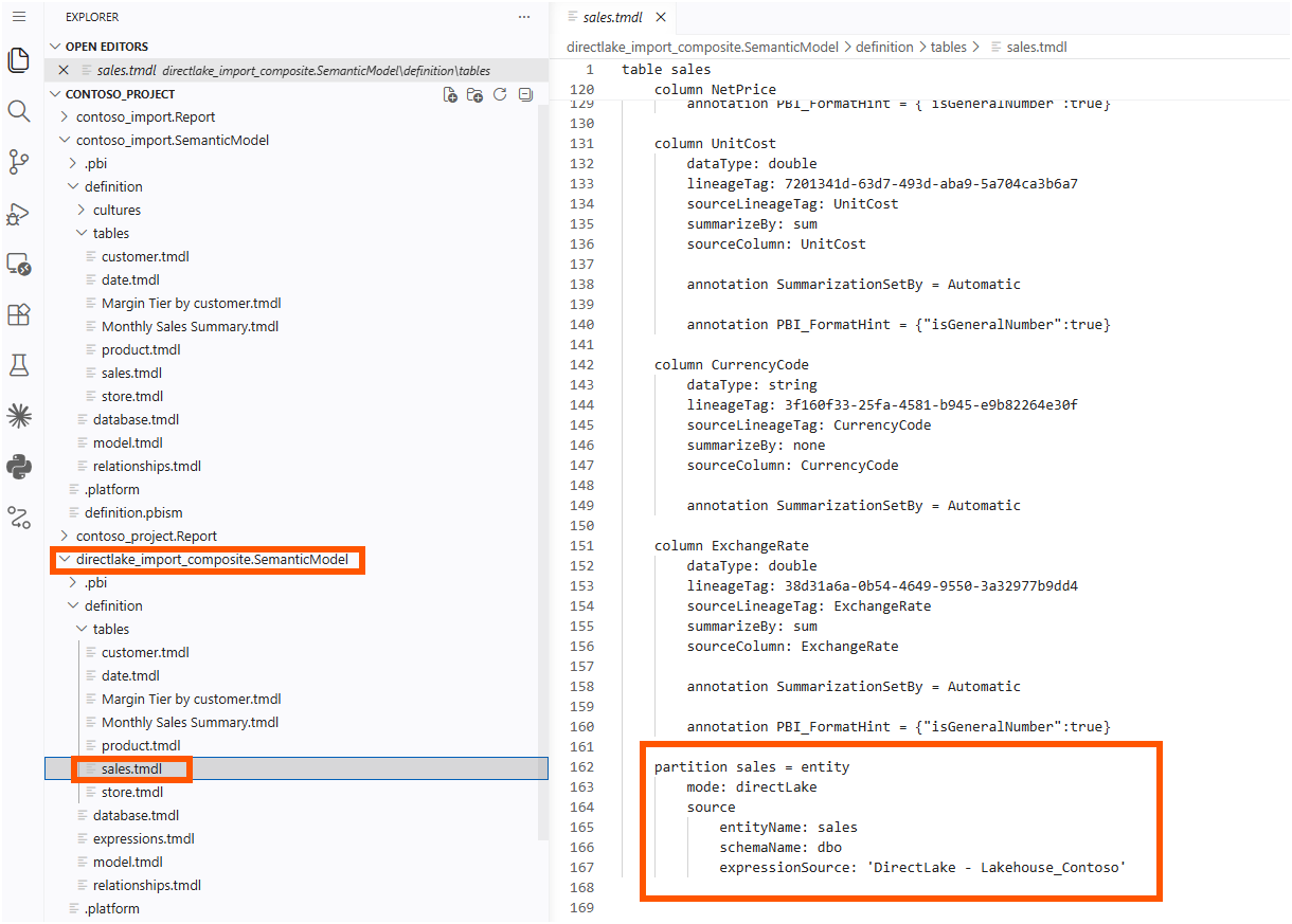 VS Code showing the directLake entity partition in the composite model's sales.tmdl