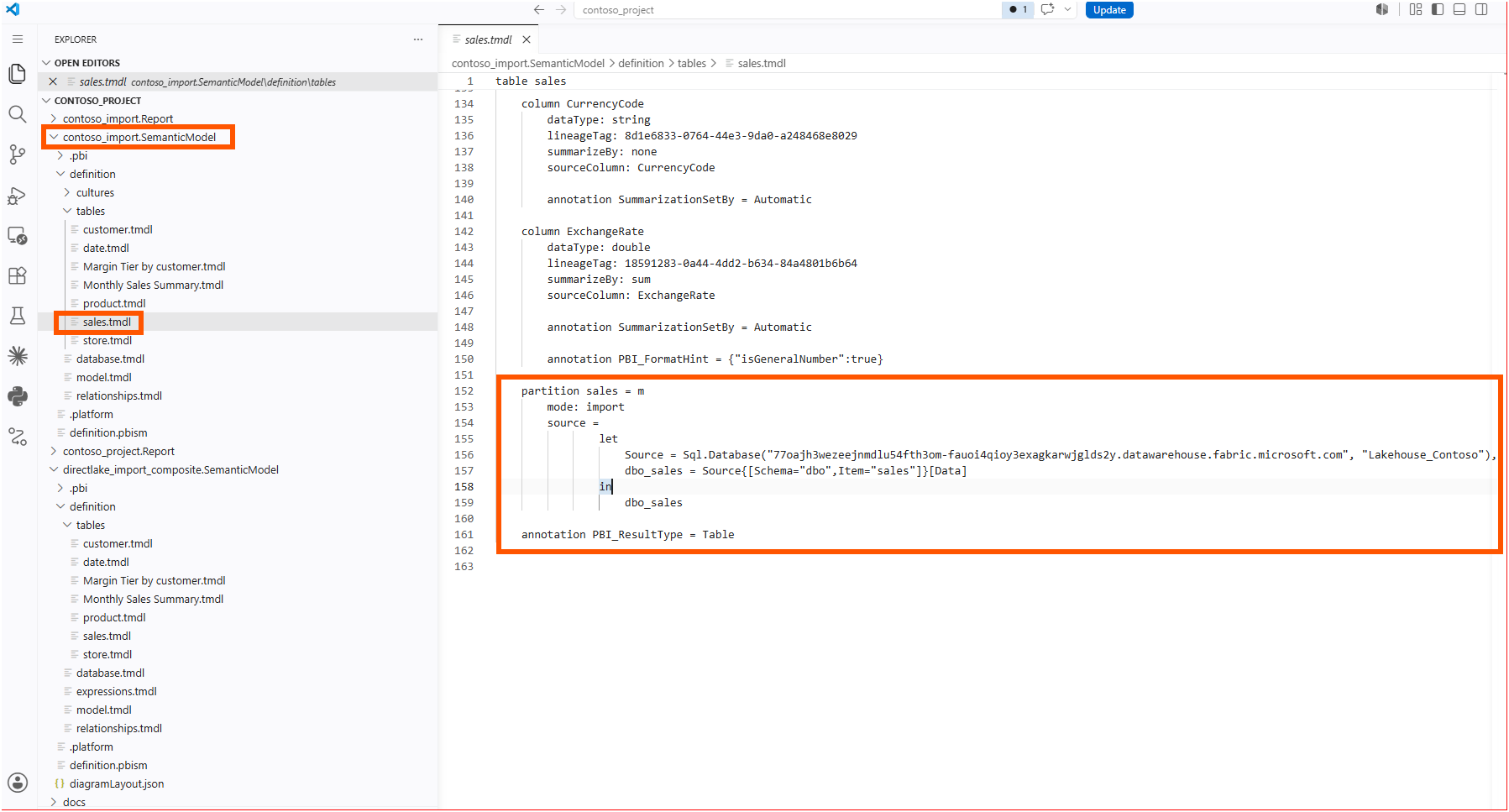 VS Code showing the import M partition in the import twin's sales.tmdl