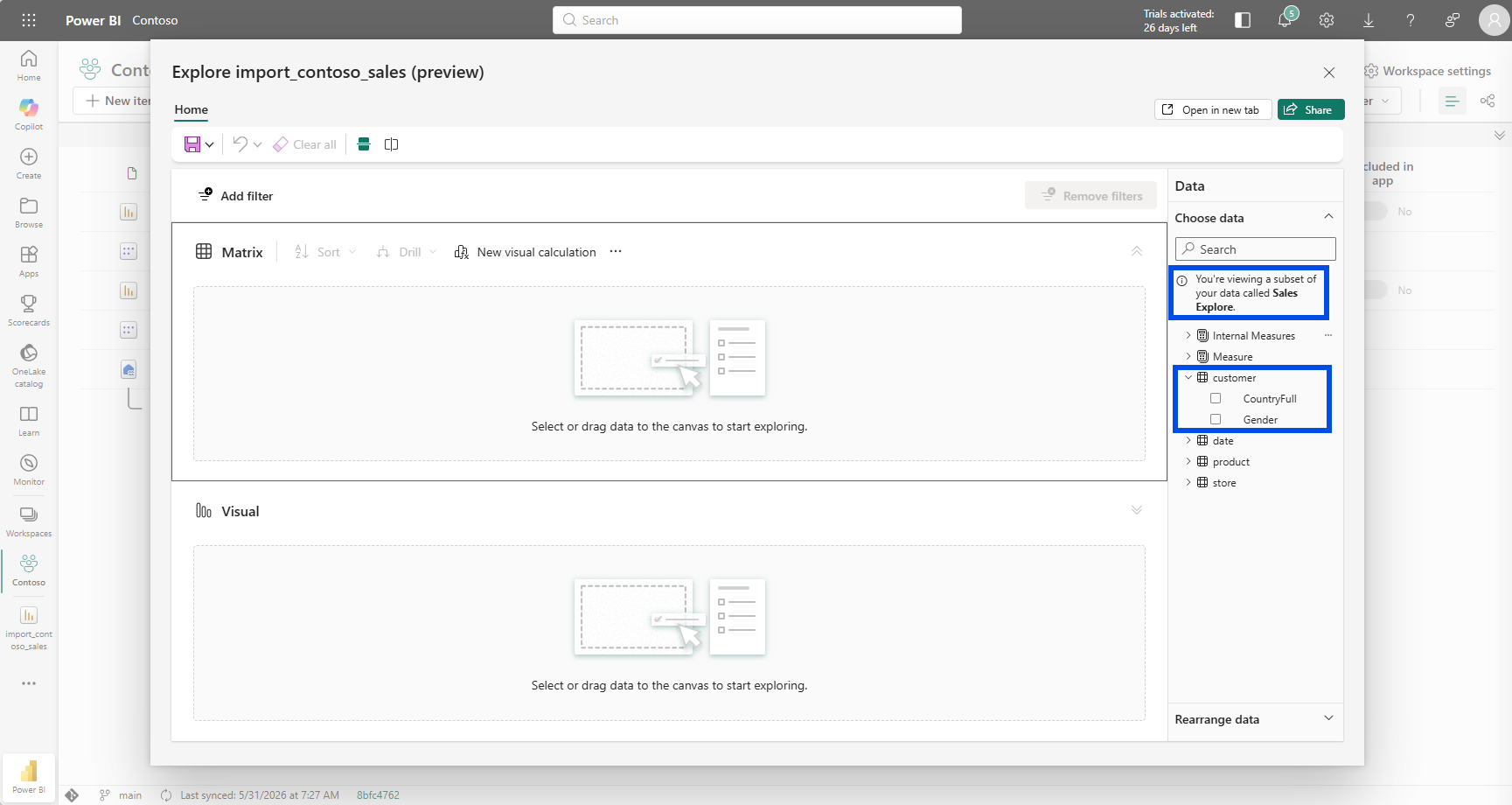 The Explore data pane showing a banner that reads You are viewing a subset of your data called Sales Explore, with the customer table now showing only CountryFull and Gender