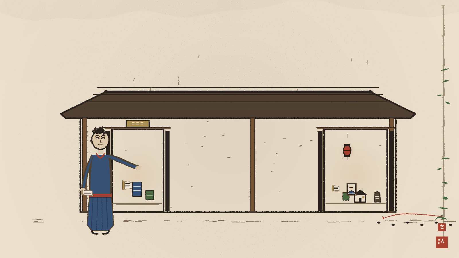 An illustration of a figure standing beside a long open-fronted building with several bays, some showing their contents and others left bare, representing how an Exploration perspective curates which fields a report consumer sees in Explore