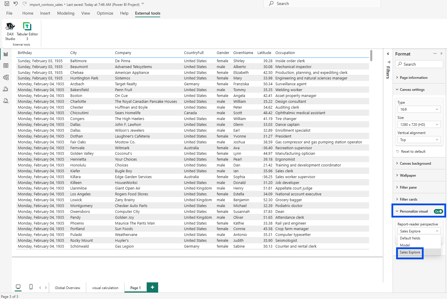 The Power BI Desktop Format pane open on a report page, with the Report-reader perspective dropdown set to Sales Explore