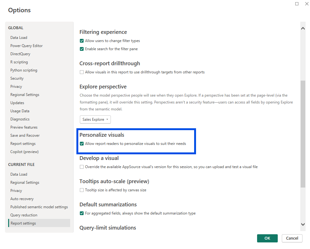 The Report settings dialog showing the Explore perspective section and the Personalize visuals section directly beneath it