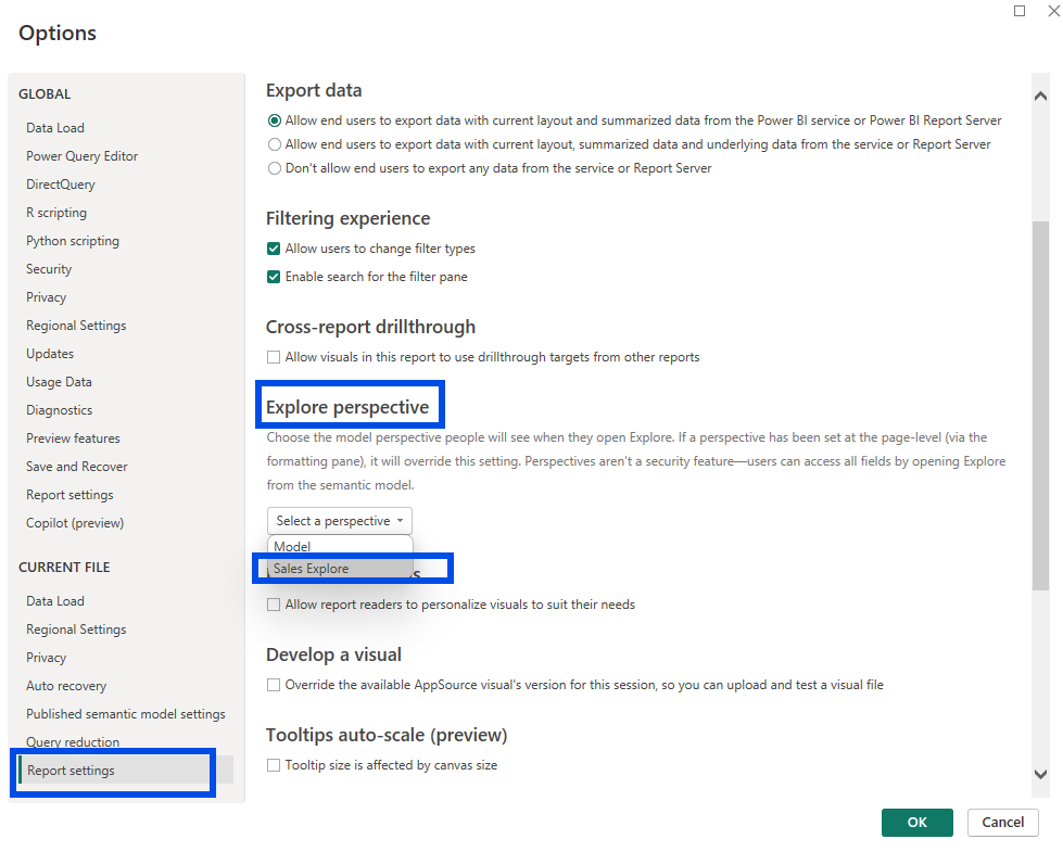 The Report settings dialog in Power BI Desktop with the Explore perspective dropdown open and Sales Explore selected, alongside help text noting perspectives are not a security feature