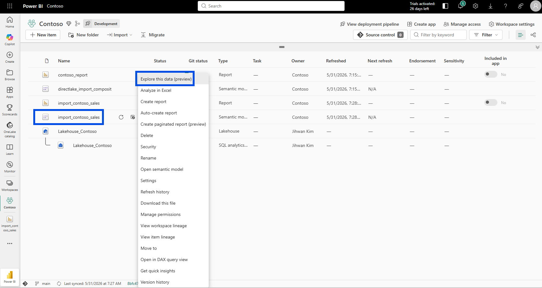 The Power BI Service context menu on the import_contoso_sales semantic model with Explore this data (preview) highlighted, alongside semantic-model-specific options like Open semantic model and Security