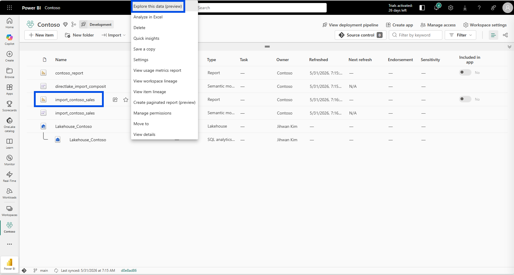 Power BI Service workspace context menu on the import_contoso_sales report with Explore this data (preview) highlighted