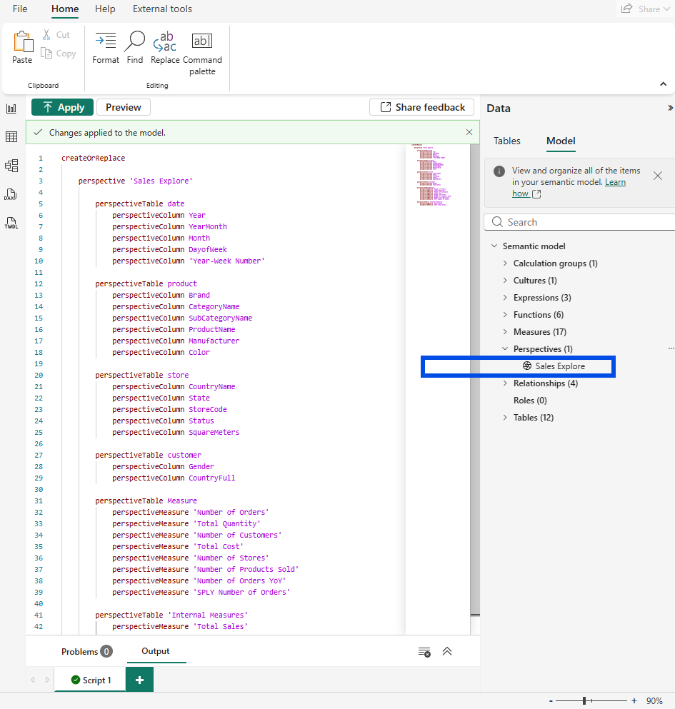 The TMDL view showing a Changes applied to the model banner, and the Model pane now listing Perspectives (1) with Sales Explore