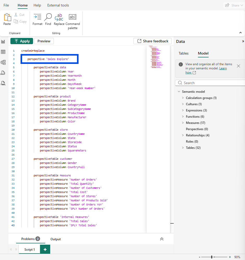 Power BI Desktop TMDL view showing the createOrReplace perspective Sales Explore script, with the Model pane on the right still showing Perspectives (0)