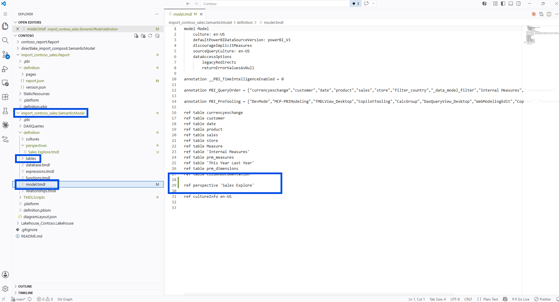 VS Code showing model.tmdl with a newly added ref perspective Sales Explore line among the ref table entries