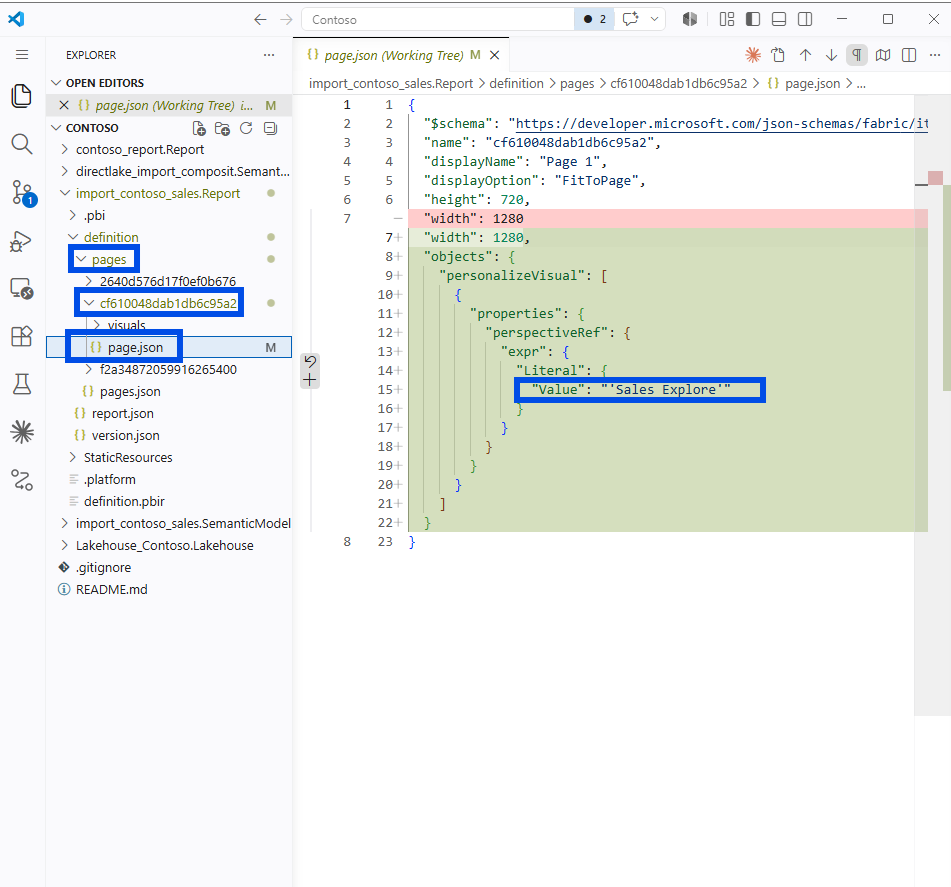VS Code showing a page.json diff that adds an objects personalizeVisual perspectiveRef set to Sales Explore for a single page