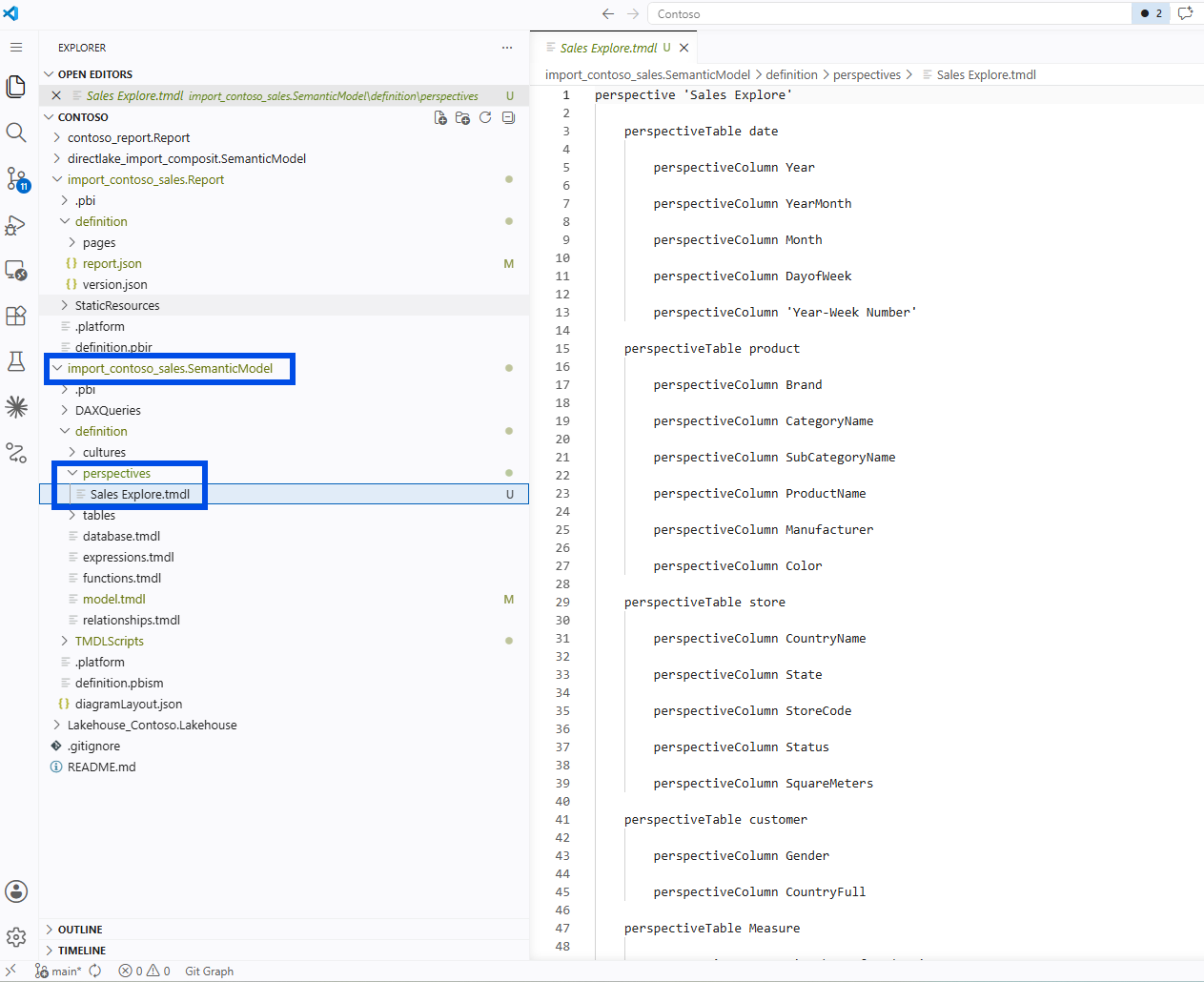 VS Code Explorer showing a new file definition/perspectives/Sales Explore.tmdl under the import_contoso_sales semantic model, with its perspective content open