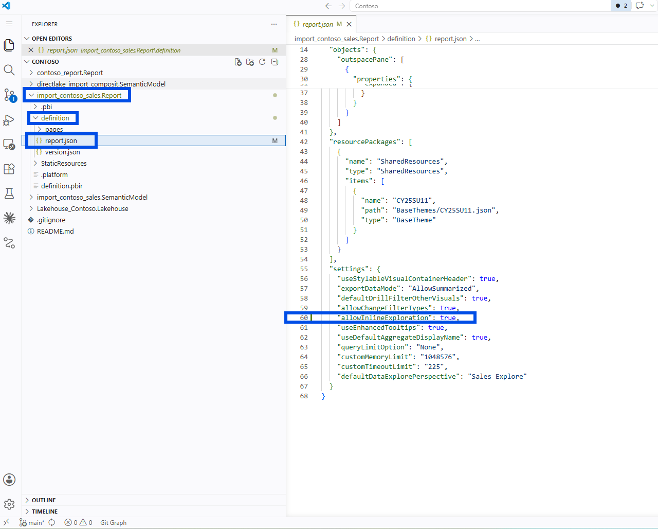 VS Code showing report.json settings with allowInlineExploration set to true
