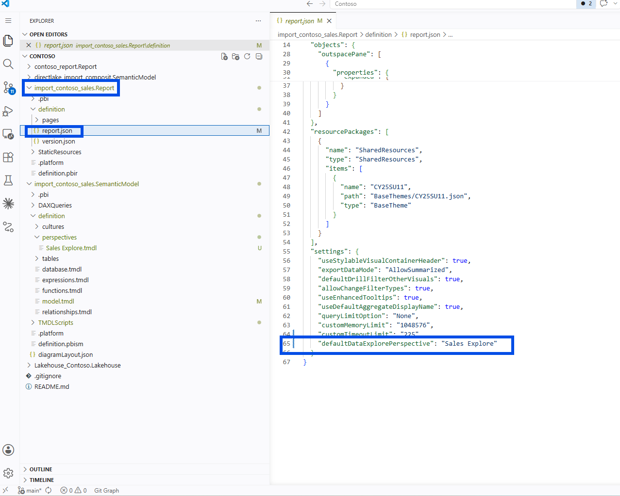 VS Code showing report.json with defaultDataExplorePerspective set to Sales Explore inside the settings block