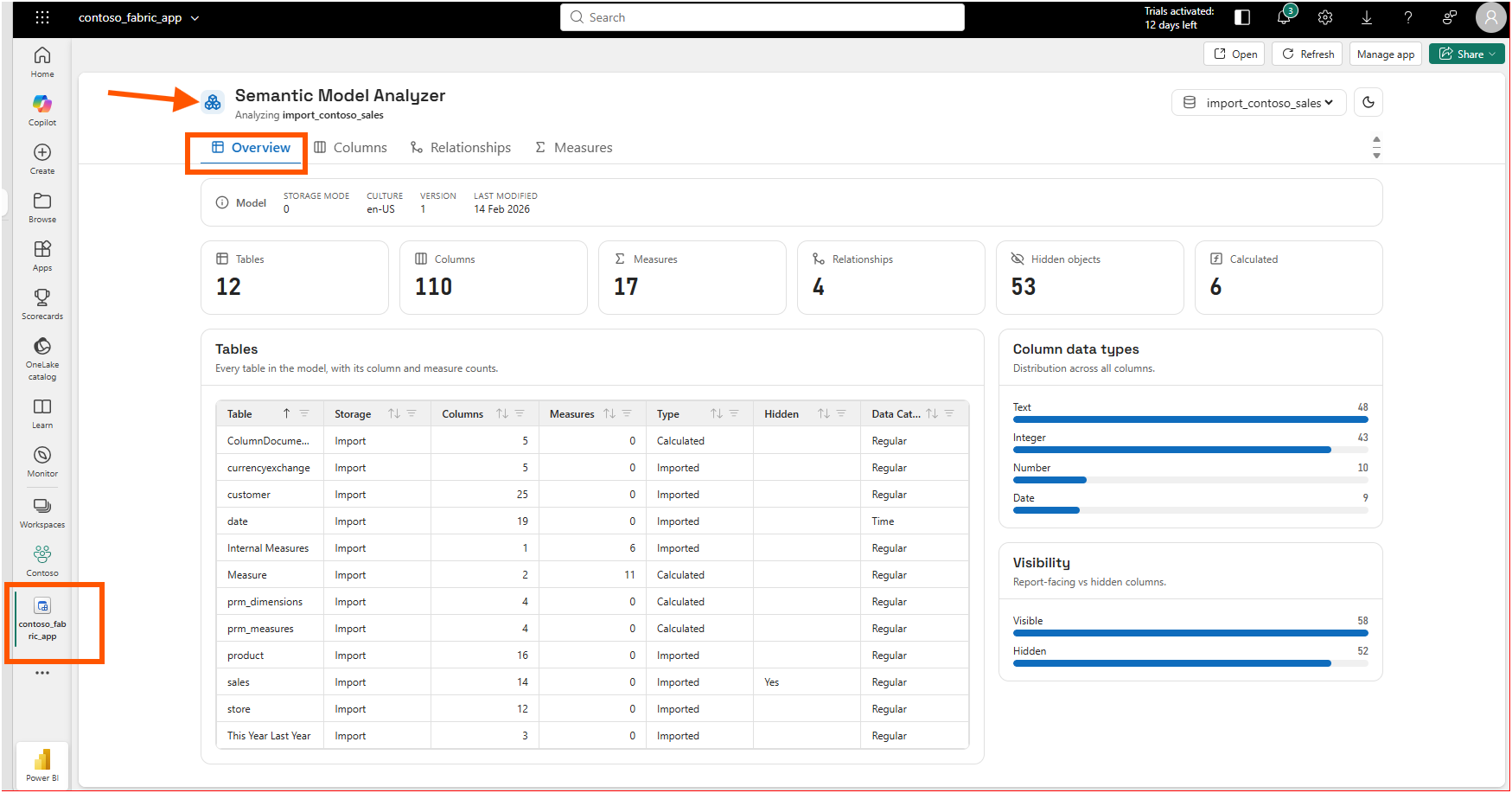 The Semantic Model Analyzer Overview tab analyzing import_contoso_sales, showing counts for tables, columns, measures, relationships, hidden objects, and calculated items, plus a table list and data-type distribution