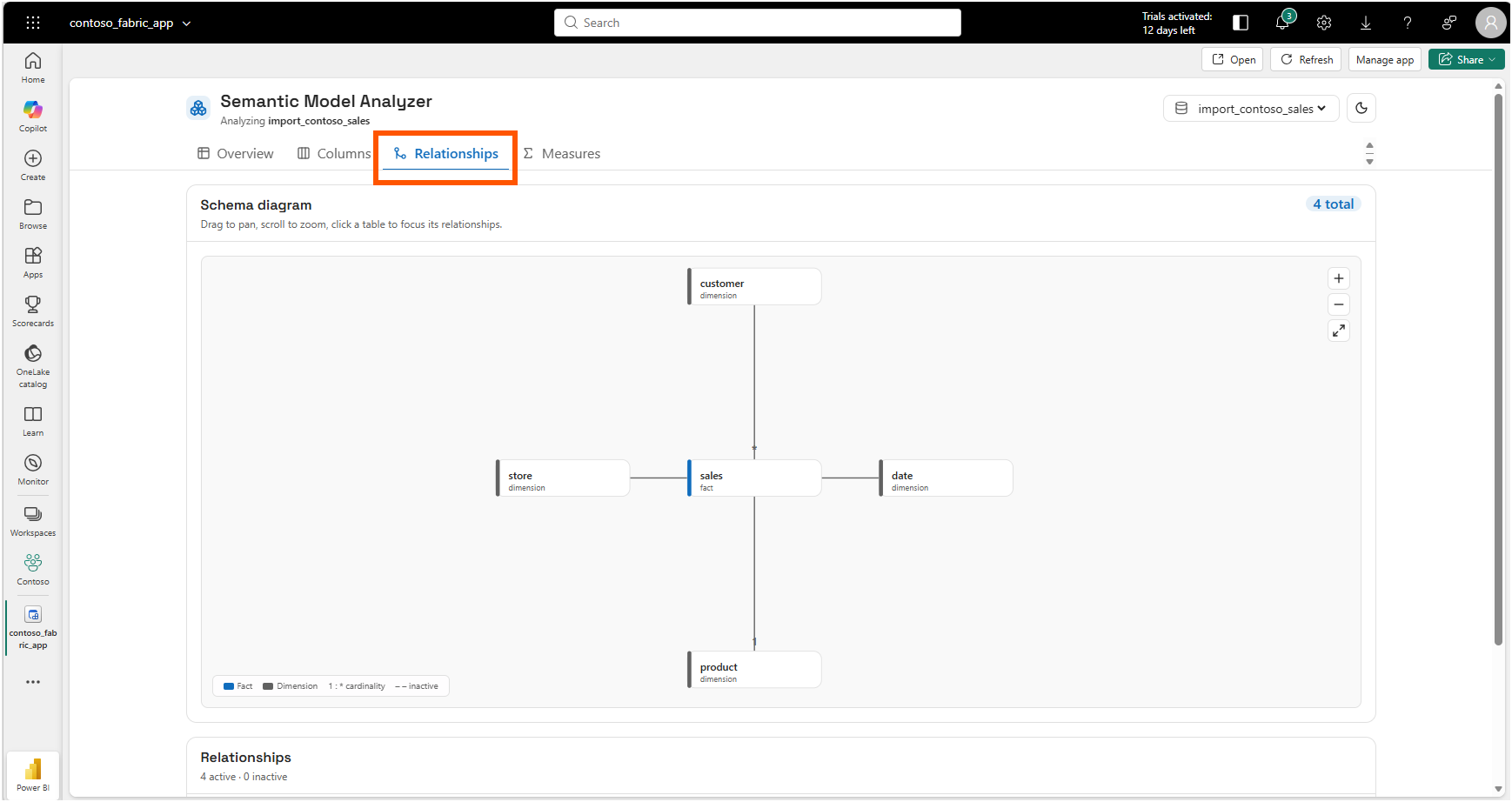 The Relationships tab of the analyzer showing a schema diagram with the sales fact table joined to customer, store, date, and product dimension tables
