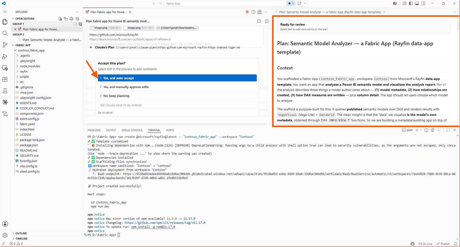Claude in plan mode presenting a plan titled Semantic Model Analyzer built as a Fabric App on the Rayfin data-app template