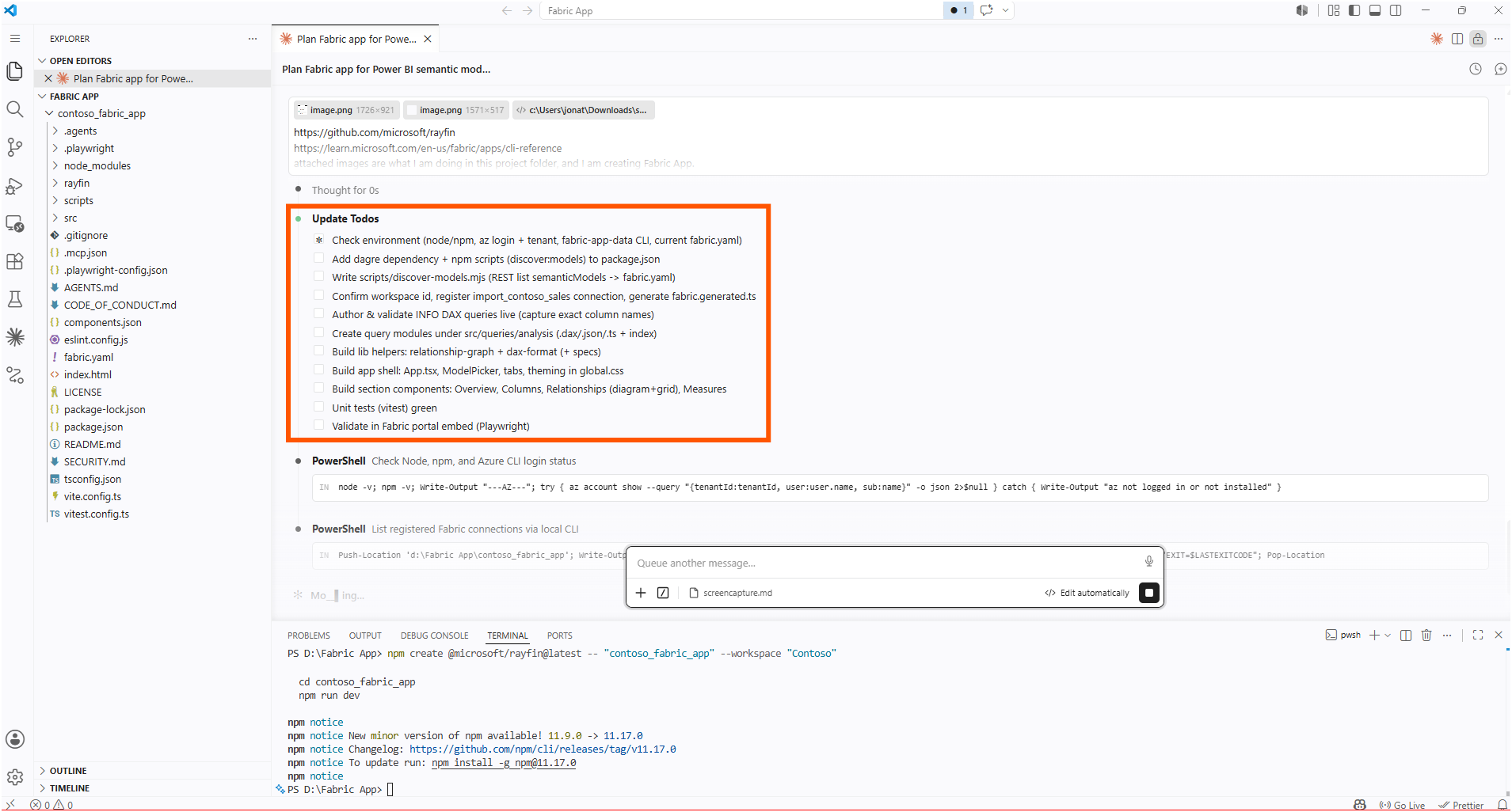 Claude showing an update task list for building the Semantic Model Analyzer, covering environment, data layer, and the analysis views