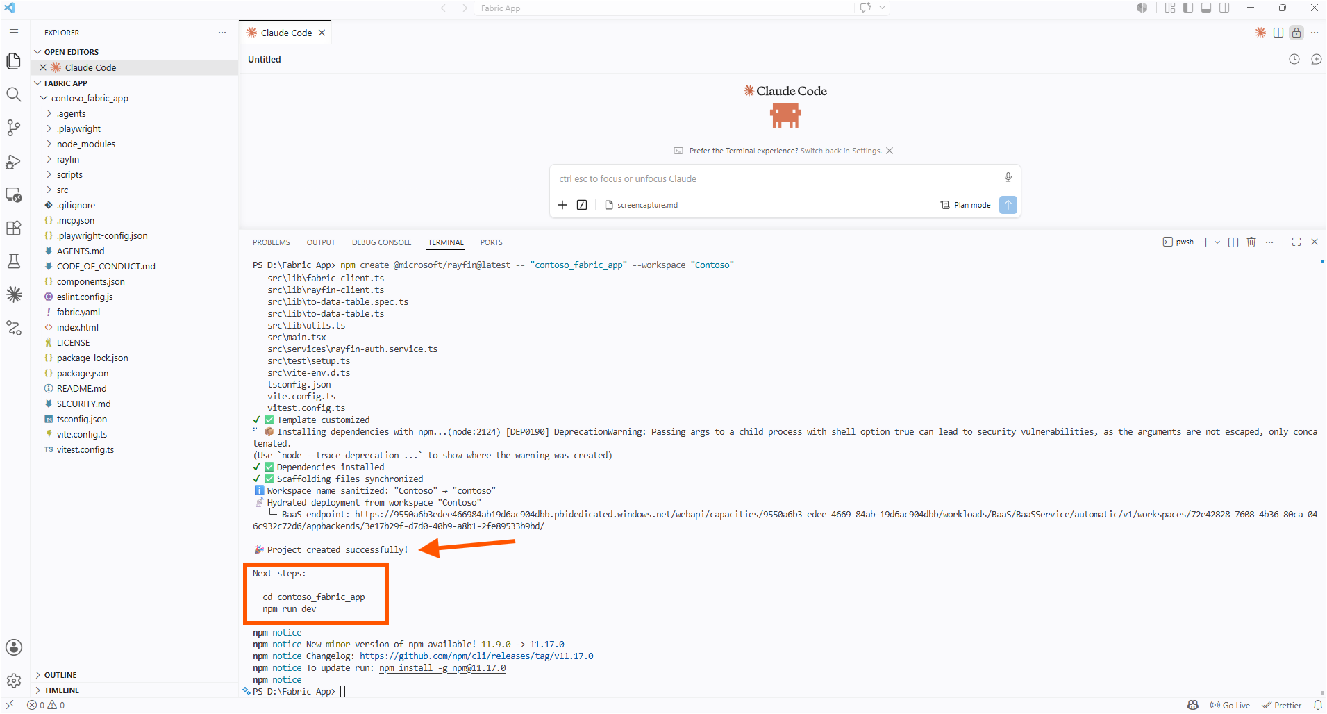The Rayfin CLI showing Project created successfully with next steps to cd into the project and run npm run dev