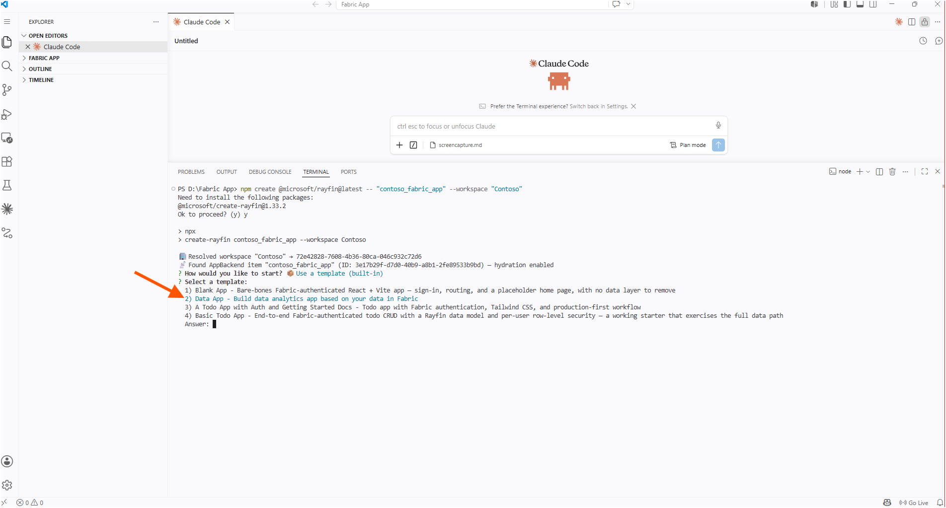 The Rayfin CLI listing four built-in templates, with option 2, the Data App for building a data analytics app on Fabric data, indicated
