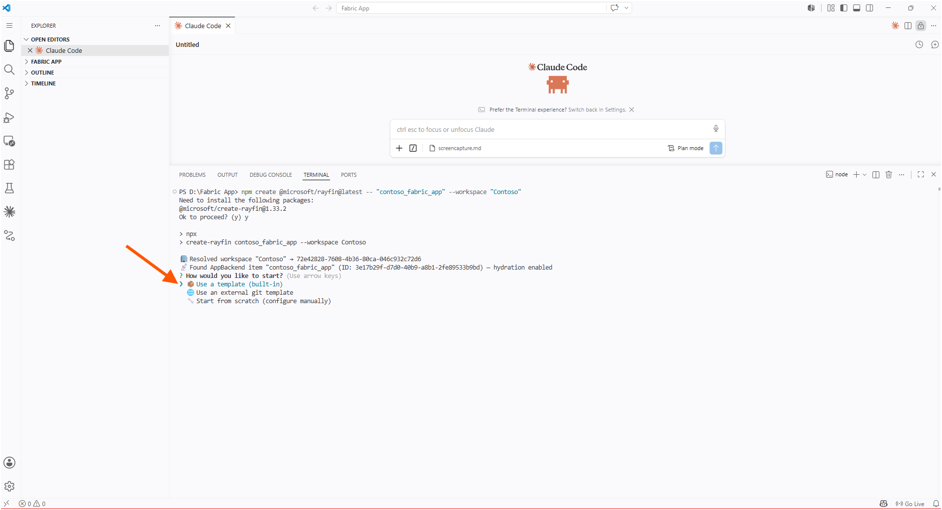 The Rayfin CLI output resolving the Contoso workspace and AppBackend item, then prompting how would you like to start with three options