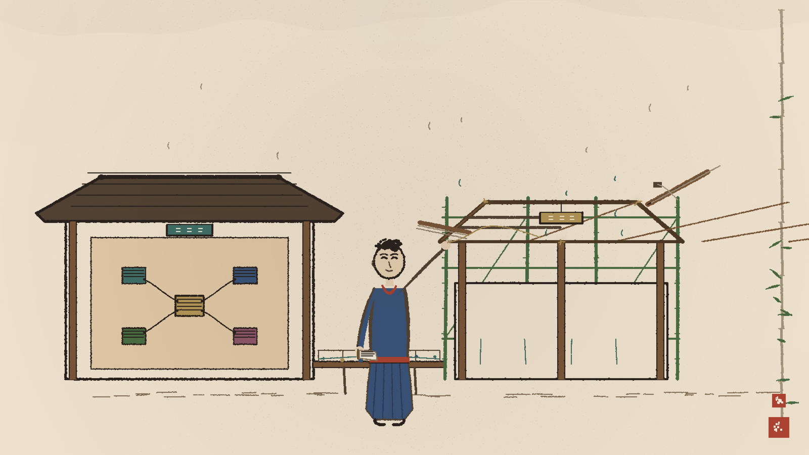 An illustration of a figure standing between a finished building that holds a star-schema model diagram and a second building still under construction with scaffolding, representing reading an existing semantic model while building a new Fabric App