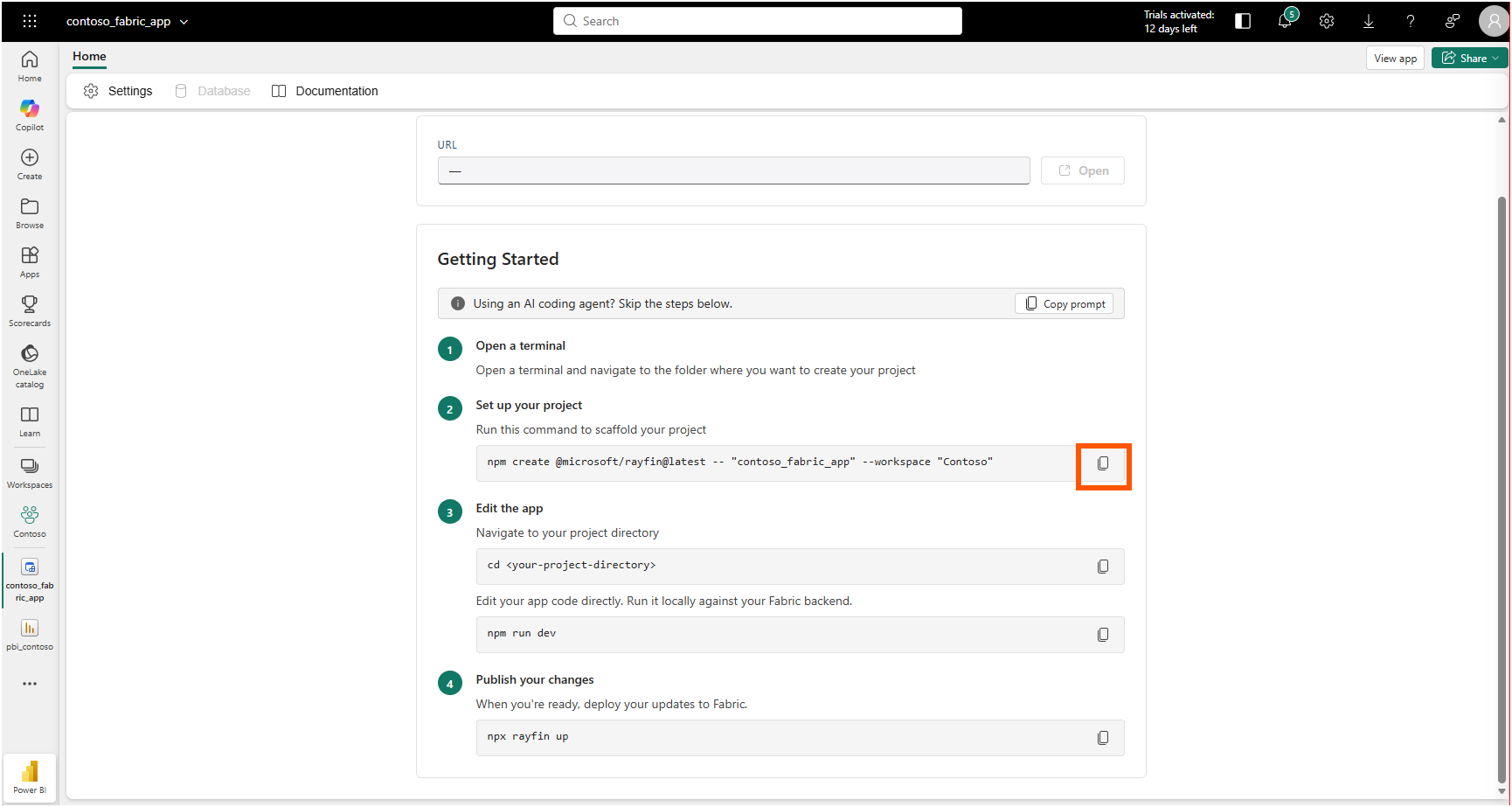 The Fabric App Getting Started screen showing four numbered steps and the npm create rayfin scaffold command, with a banner offering to copy a prompt for an AI coding agent