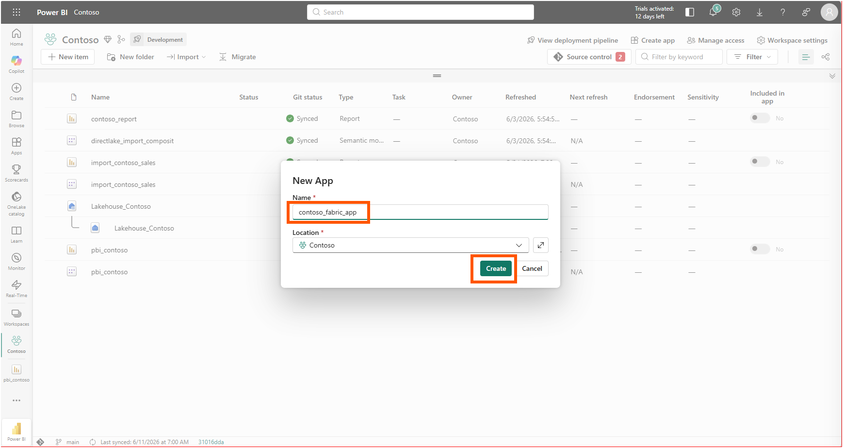 The New App dialog with the name contoso_fabric_app entered and the Contoso workspace selected as the location
