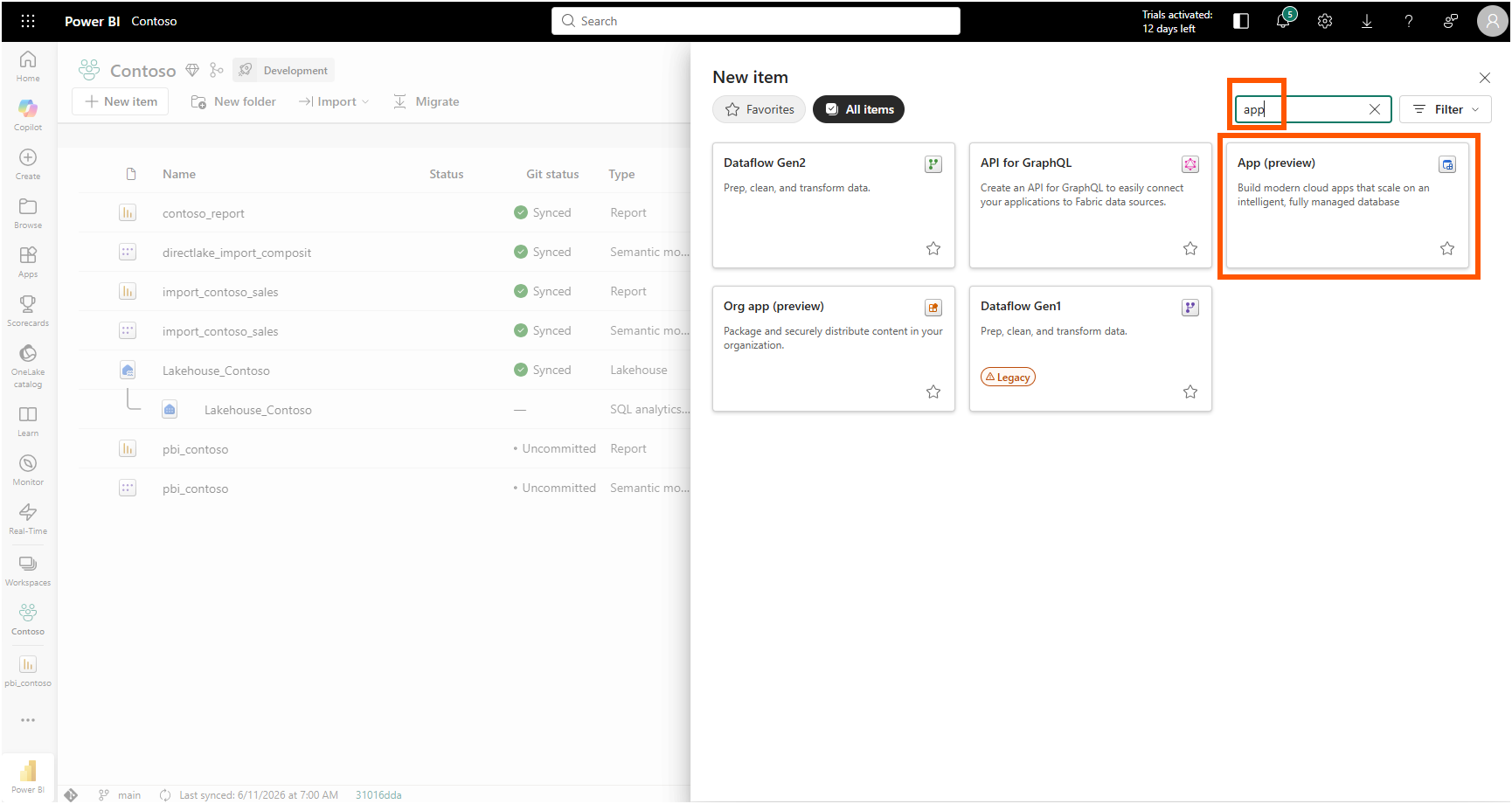 The New item panel in the Contoso workspace filtered to app, with the App (preview) tile highlighted