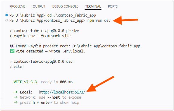 The terminal showing npm run dev detecting the Rayfin project root, writing env.local, and starting Vite on localhost port 5173