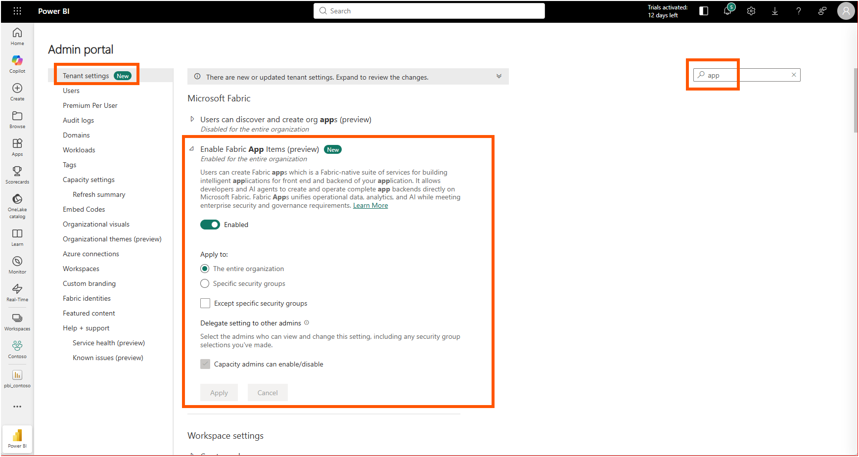 The Fabric admin portal Tenant settings page with Enable Fabric App Items (preview) toggled to Enabled for the entire organization