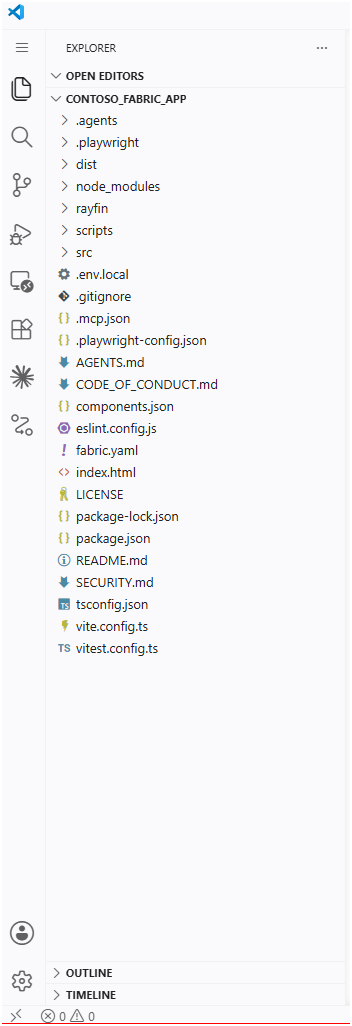 The VS Code Explorer showing the contoso_fabric_app project tree, including the rayfin and src folders, fabric.yaml, package.json, tsconfig.json, and a .gitignore file