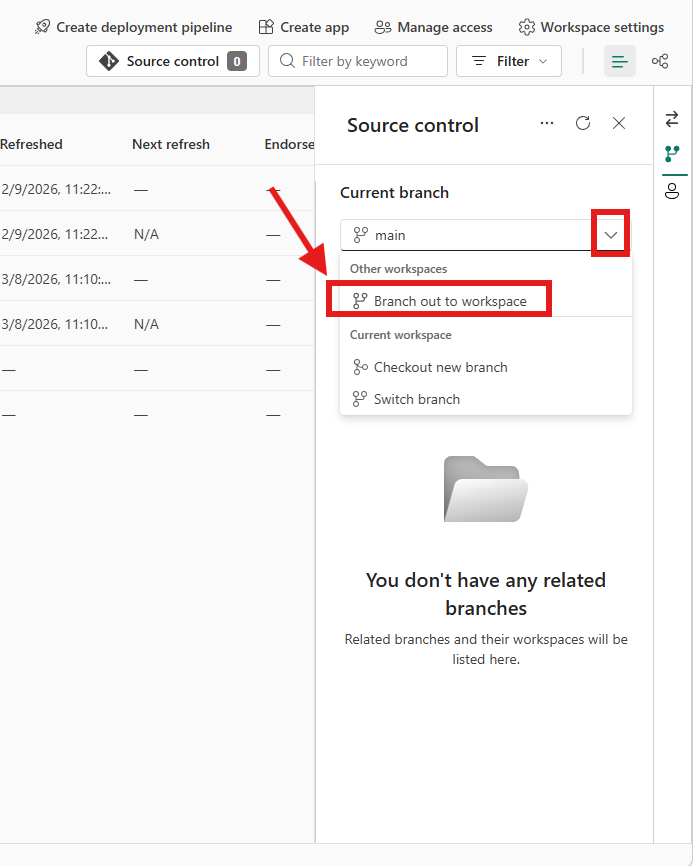 Source control dropdown showing Branch out to workspace option