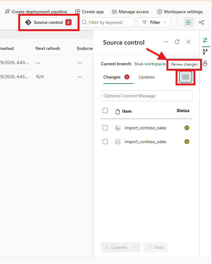 Source control panel showing 2 changes and Review changes button