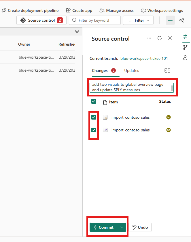 Commit dialog with message: add two visuals to global overview page and update SPLY measures