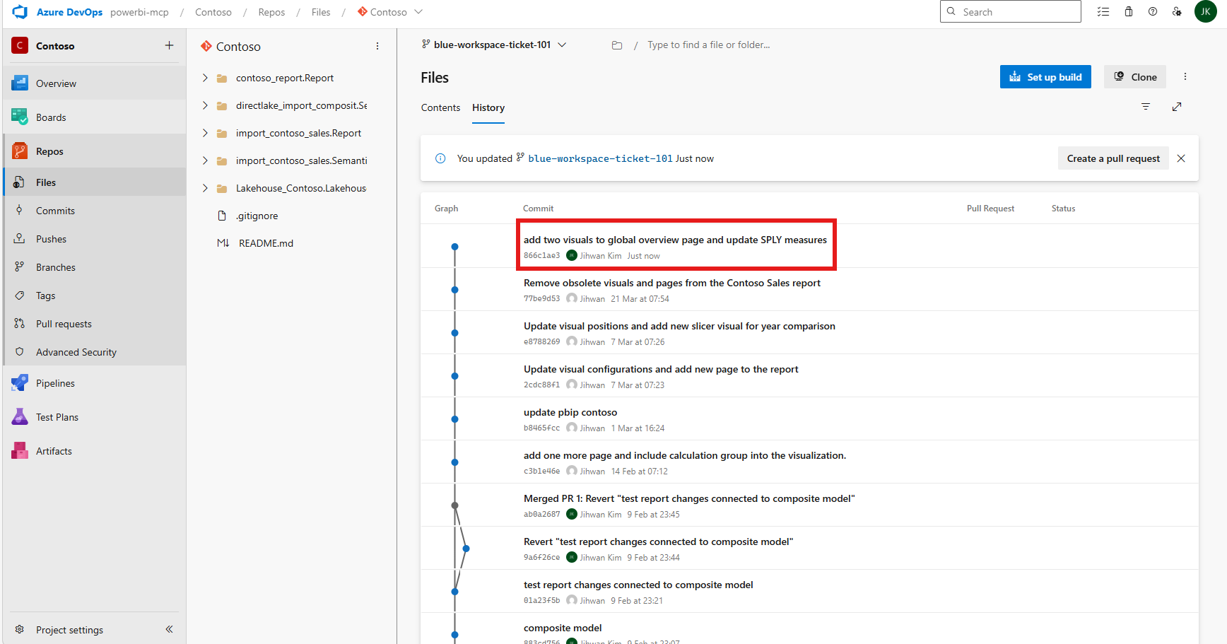 Azure DevOps showing commit and Create a pull request option