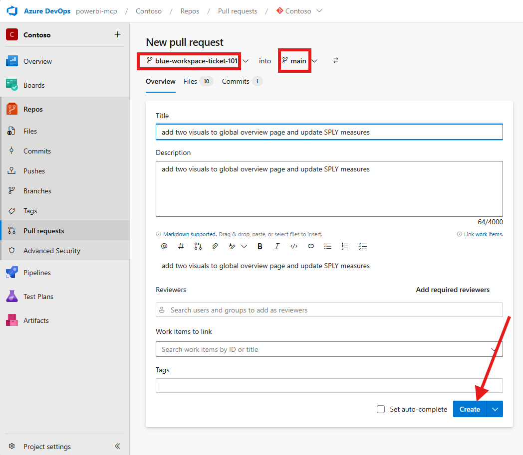 Azure DevOps New pull request form