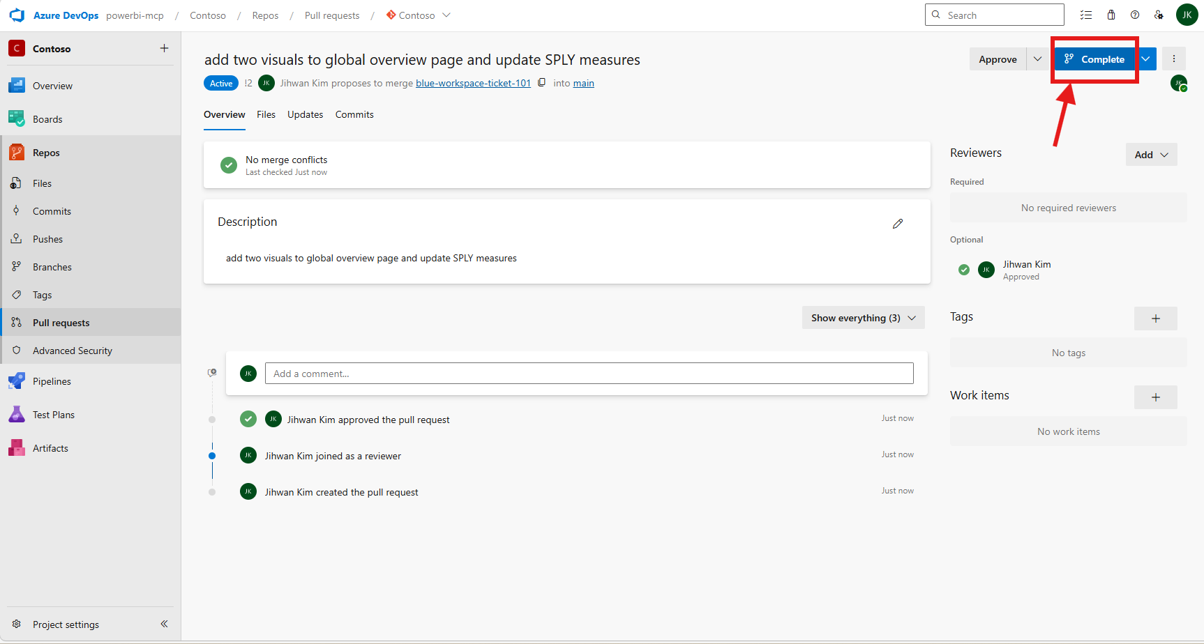 Azure DevOps PR approved with Complete button