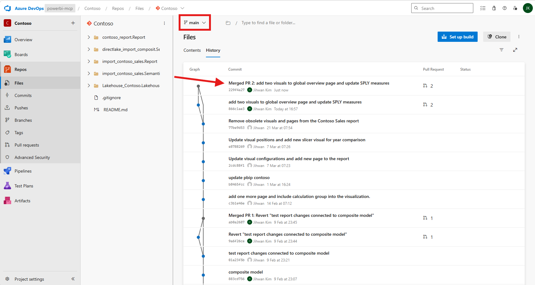 Azure DevOps main branch showing merged PR commit