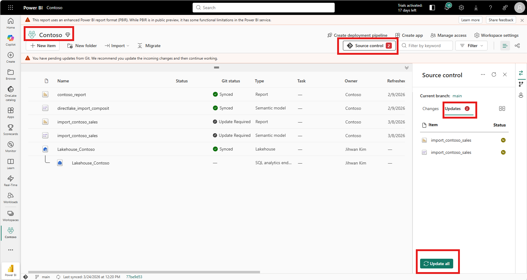 Main workspace showing Update Required status and Update all button