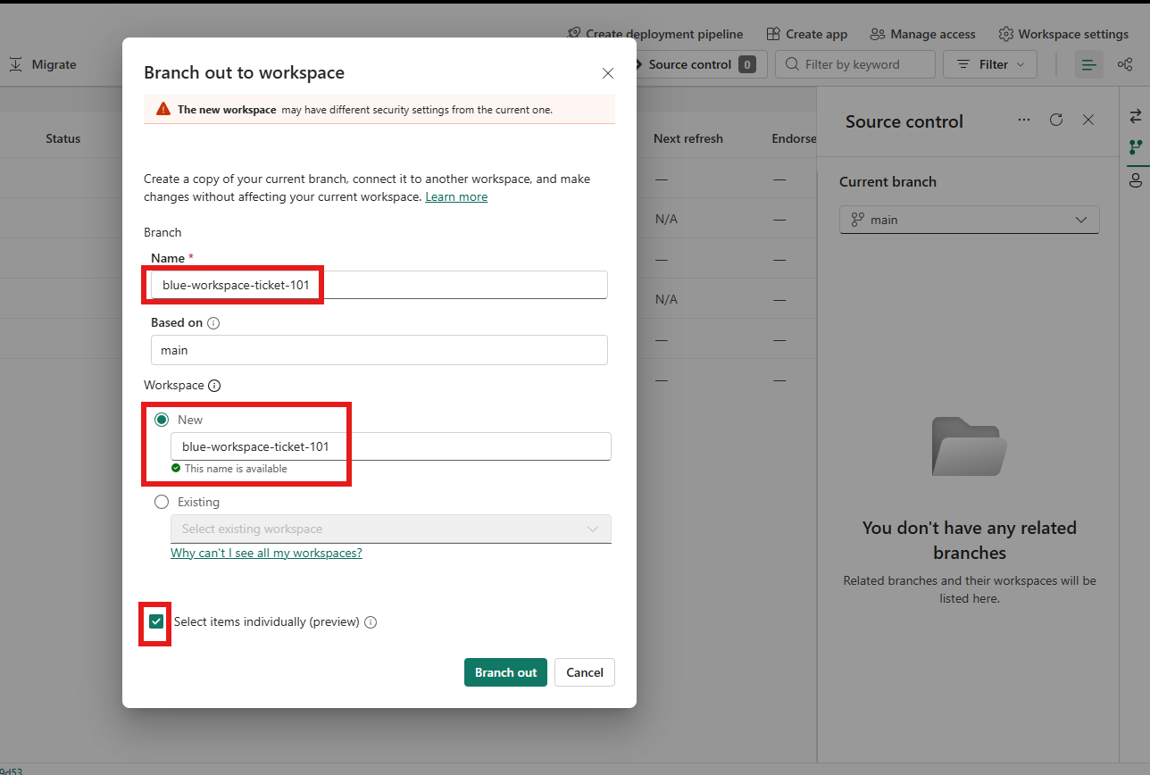 Branch out dialog with Select items individually checkbox
