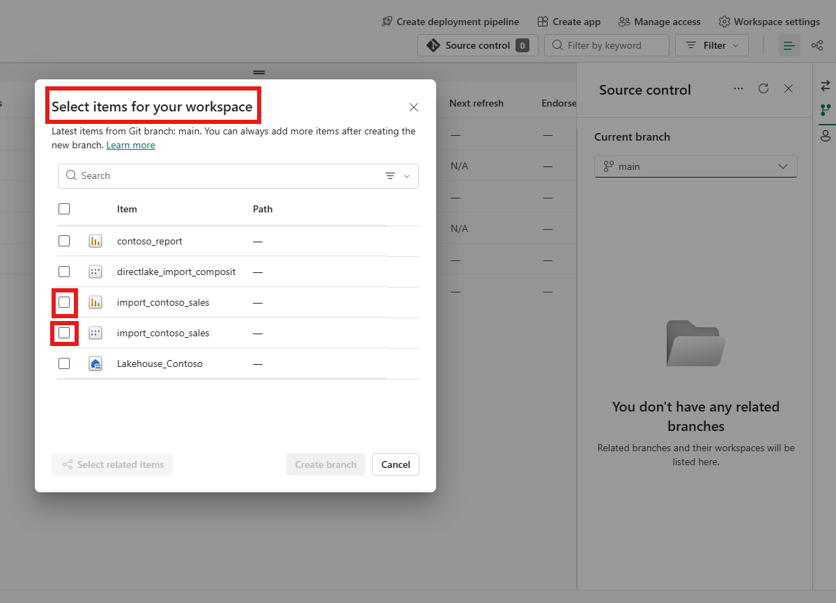 Select items dialog showing all workspace items with checkboxes
