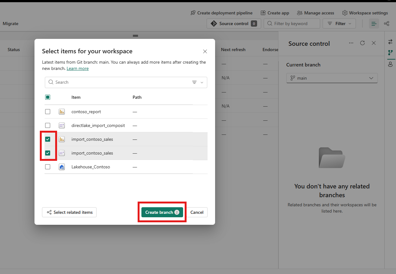 Select items dialog with report and semantic model selected via Select related items