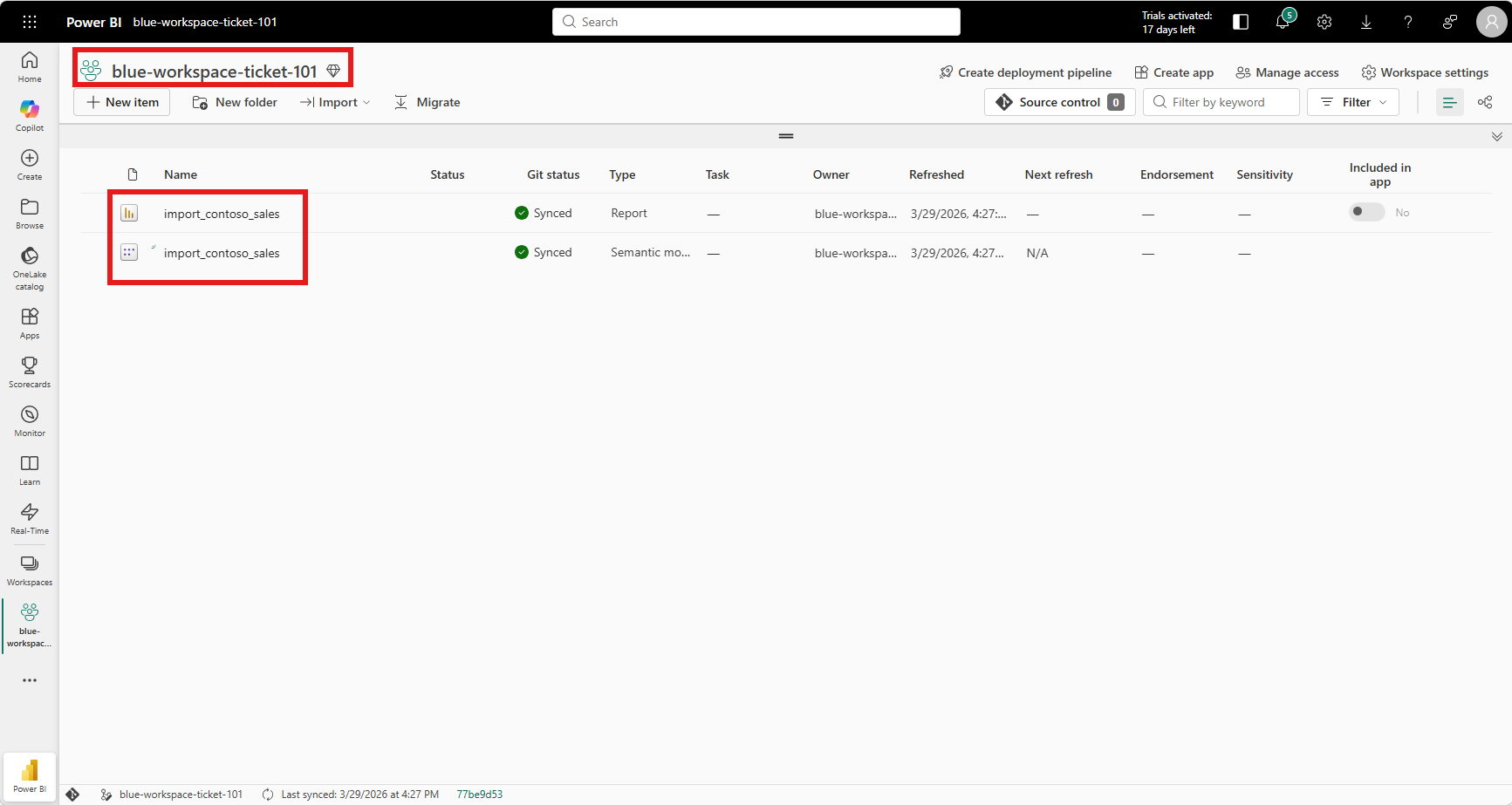 New workspace blue-workspace-ticket-101 with only two items