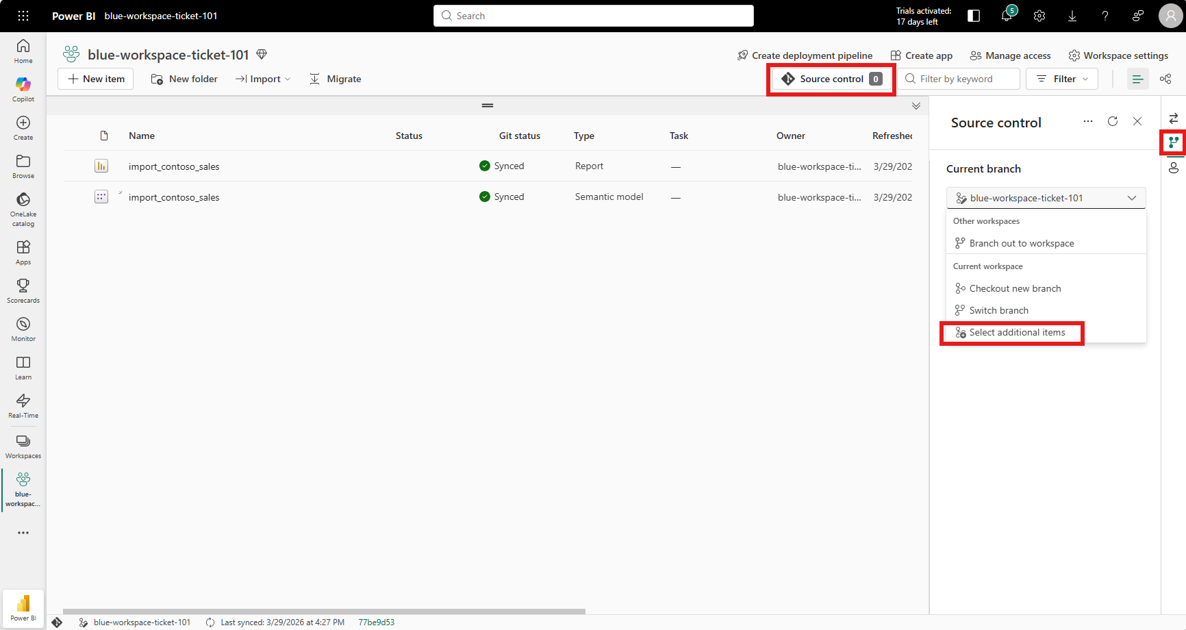 Source control panel showing Select connected items option