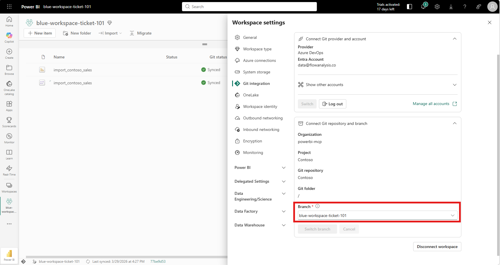 Workspace settings showing Git integration with auto-created branch name