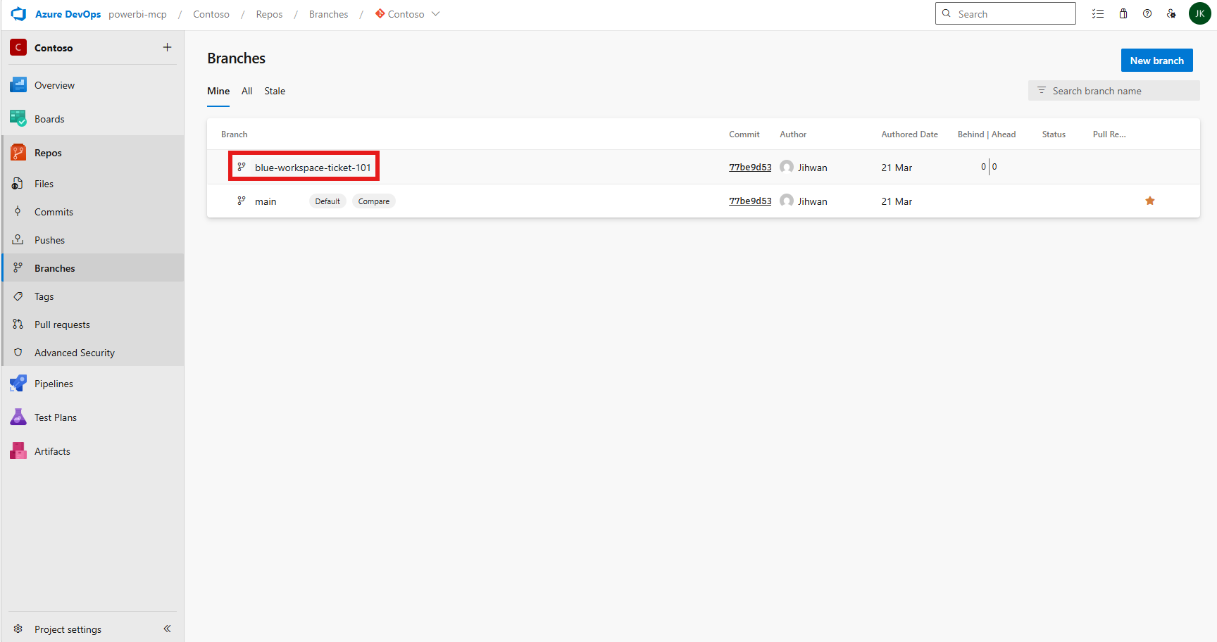 Azure DevOps Branches page showing blue-workspace-ticket-101 branch