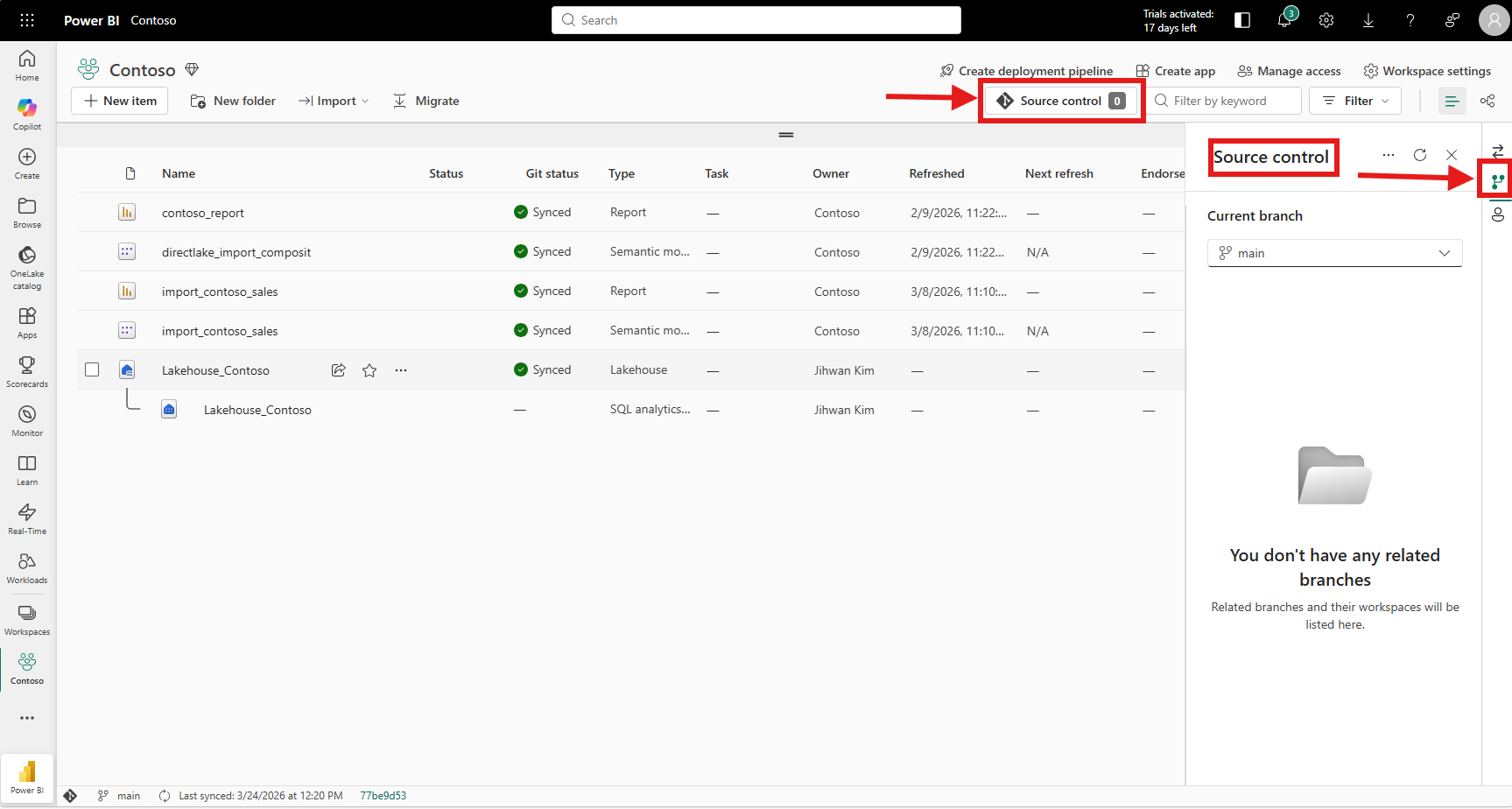 Contoso workspace connected to main branch with Source control panel open