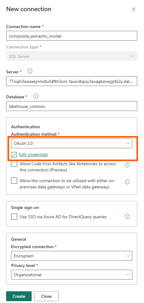 New connection creation dialog
