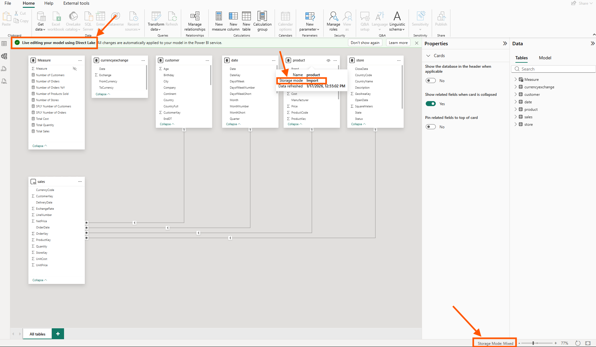 Import tables showing storage mode