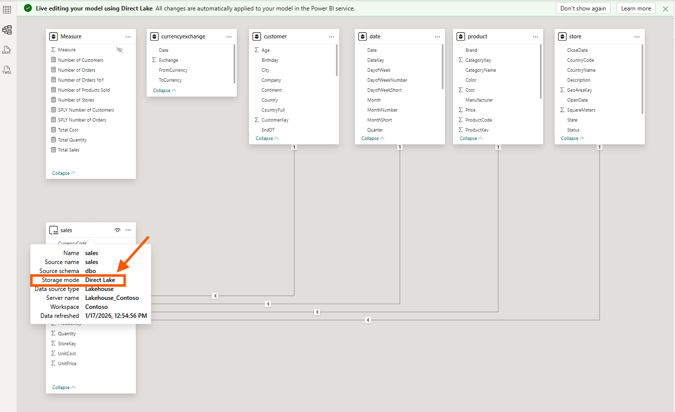 Direct Lake tables in model view