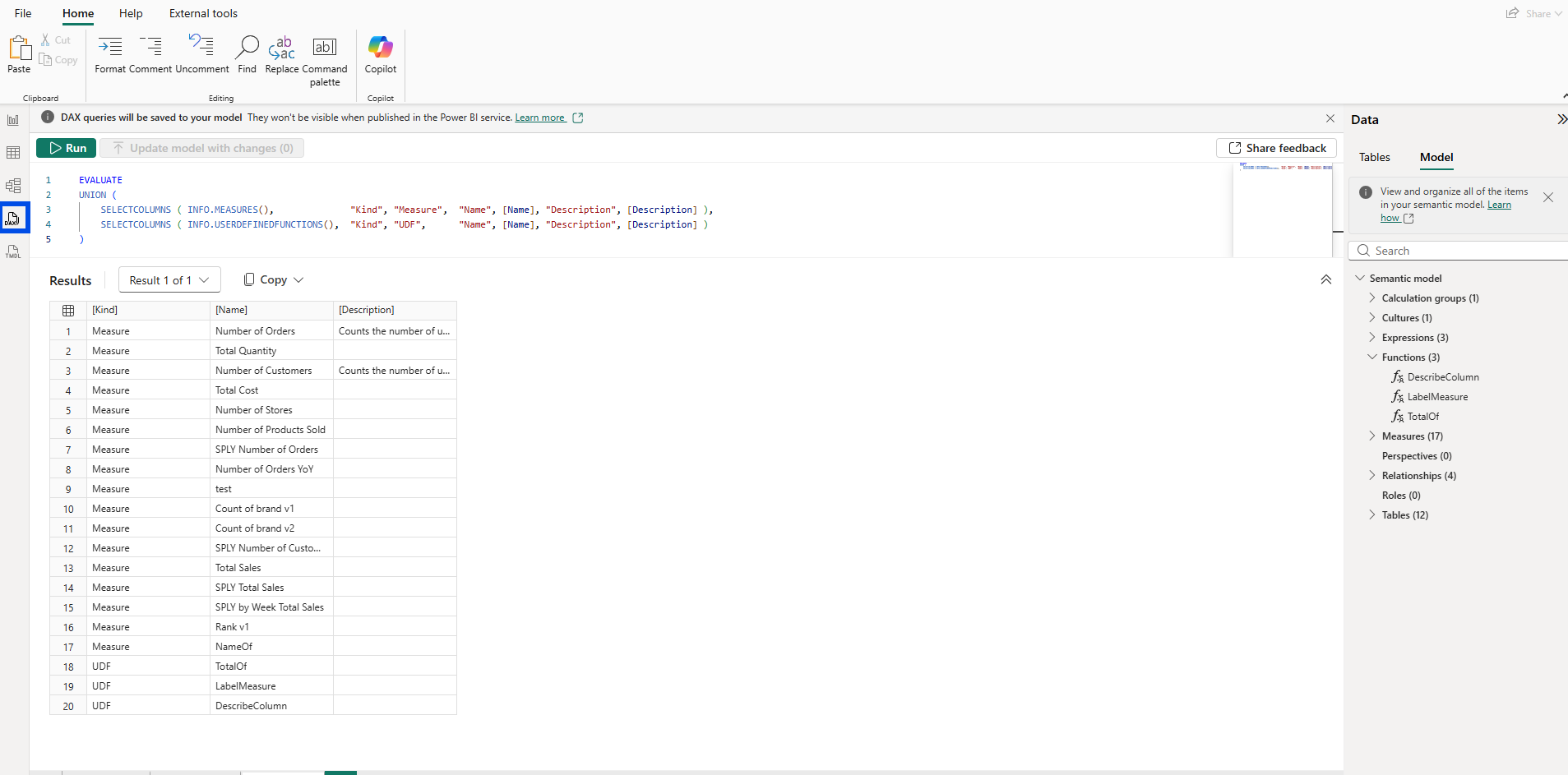 DAX query view showing UNION of INFO.MEASURES and INFO.USERDEFINEDFUNCTIONS, with 17 measures and 3 UDFs distinguishable only by a Kind column